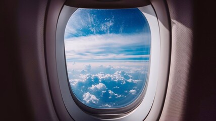 Fototapeta premium Airplane window with a view of sky and clouds