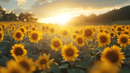 Glowing sunflowers under the sunset sky