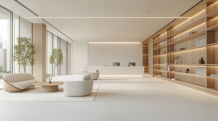 Fototapeta premium Modern indoor lounge area with cozy seating and natural light in a contemporary building