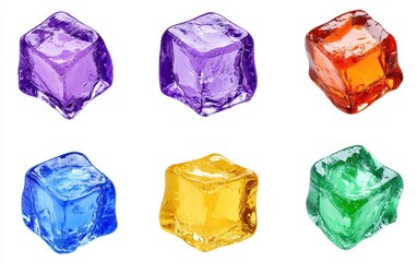 Obraz premium Collection of Vibrant Colorful Ice Cubes in Purple, Blue, Orange, Red, Green, and Yellow Isolated on Transparent Background for Creative Design, Drinks, or Food Decoration on a clean white background