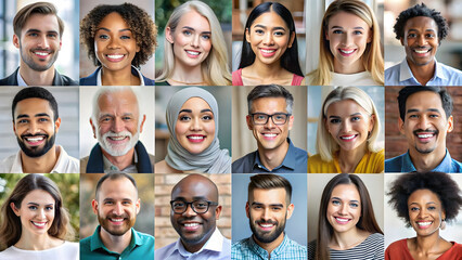 Portraits of happy multiethnic group of people smiling and looking at camera