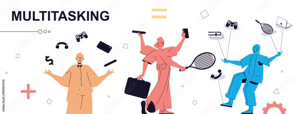 Poster multitasking concept in flat cartoon design for web banner. people doing different tasks in same tim