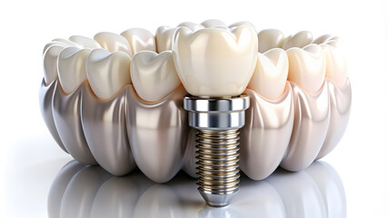 teeth with dental implant over white background with reflection