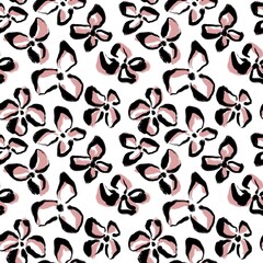 Seamless abstract botanical pattern. Simple background with black, pink, white texture. Digital brush strokes. Flowers. Design for textile fabrics, wrapping paper, background, wallpaper, cover.