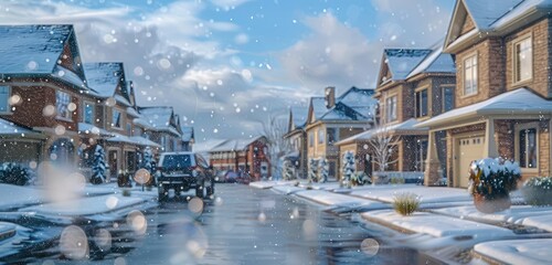 Wintry weather scene in a suburban area, luxury homes experiencing a unique combination of light snow and rain, each property framed by a soft white blanket mixed with droplets