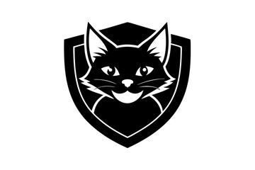 Fototapeta premium Funny cat head mascot with silhouette vector logo design vector illustration with shield on white.