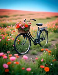 Naklejka premium A vintage bicycle with a basket filled with flowers on the front is parked in a field filled with colorful wildflowers, including pink and red blooms.