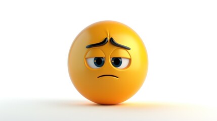 Fototapeta premium A thoughtful 3D yellow emoji, looking downward with a furrowed brow, isolated against a white background, representing deep thought or concern
