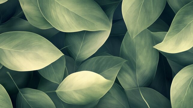 A soft, serene composition featuring lush green leaves, elegantly overlapping to create a soothing and tranquil atmosphere with a focus on nature's beauty.