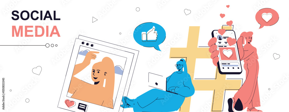 Fototapete Social media concept in flat cartoon design for web banner. People networking, communicating online, making posts with photos, sharing digital information in chats and groups. Vector illustration.