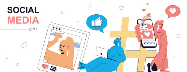 Social media concept in flat cartoon design for web banner. People networking, communicating online, making posts with photos, sharing digital information in chats and groups. Vector illustration.