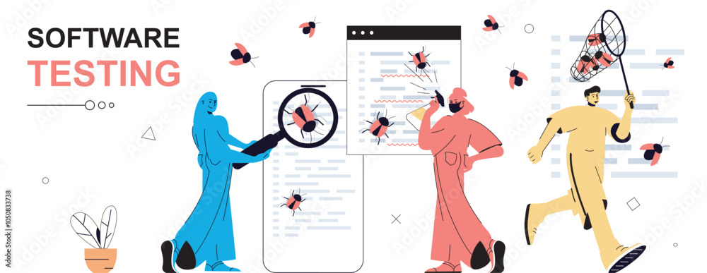 Aufkleber Software testing concept in flat cartoon design for web banner. People looking for software errors, finding bugs in program code, fixing mistakes, debugging code, doing analysis. Vector illustration.