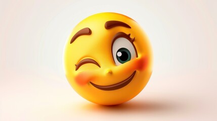 Fototapeta premium A winking girl face emoji with a playful smirk, set against a white backdrop, embodying cheekiness and fun