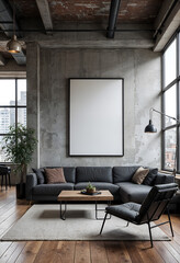 Mock up poster frame in industrial urban loft style interior background, living room, minimalistic style, template