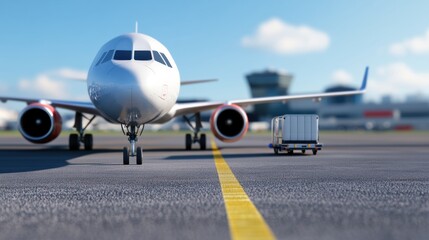 Obraz premium Passenger airplane on runway with luggage cart in the foreground, AI