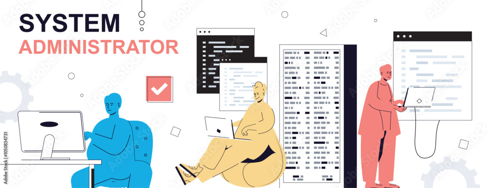 Leinwandbilder system administrator concept in flat cartoon design for web banner. people monitoring server racks i