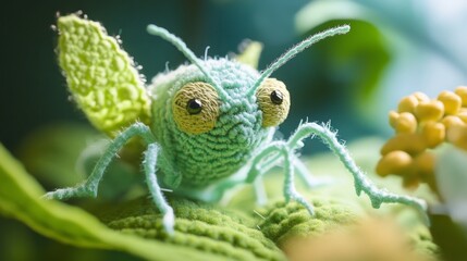 A detailed crochet grasshopper crafted in green with intricate details, perched on a leafy backdrop highlighting its texture and artistry in macro view.