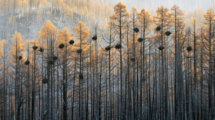 Obraz premium Several bird nests in a burnt forest landscape, symbolizing resilience and rebirth amidst devastation.