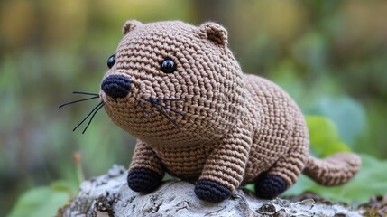 Obraz premium A playful crochet otter in brown, settled on a rugged log amidst a lush forest scene, emphasizing its adorable features and unique crafting techniques.