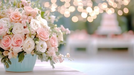 Obraz premium Elegant floral arrangement with soft pink and white roses in a pastel setting, AI