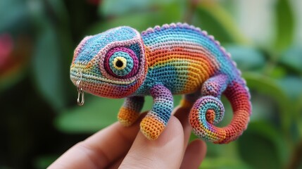 Obraz premium A crochet chameleon displays vibrant rainbow colors, highlighting intricate artistry and playfulness, embodying a handcrafted masterpiece.