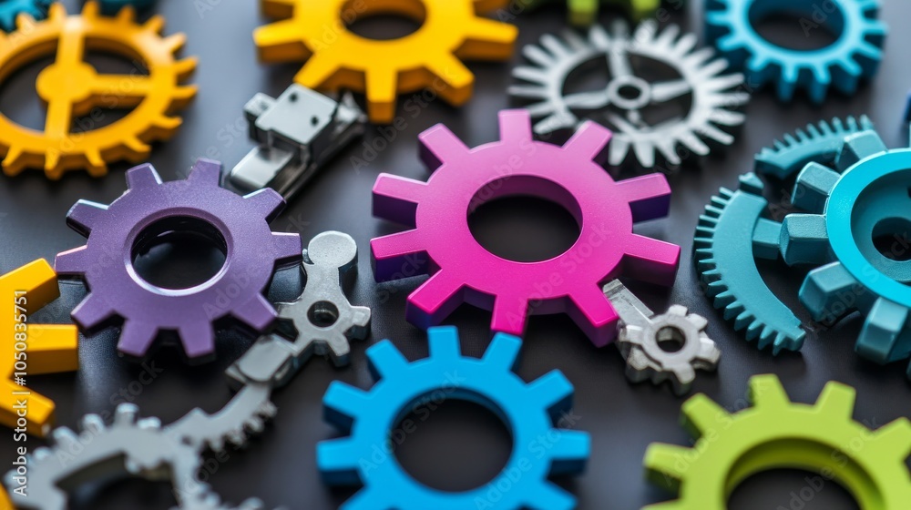 Aufkleber A network of interconnected gears in different colors and sizes, Symbolizing the integration and collaboration of diverse talents, photography style