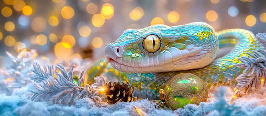 Psychedelic green glittering snake in Christmas surroundings, Chinese New Year 2025 symbol