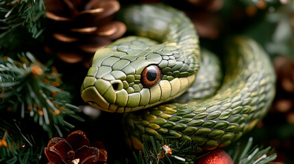 Fototapeta premium Green snake in decorated Christmas tree branches