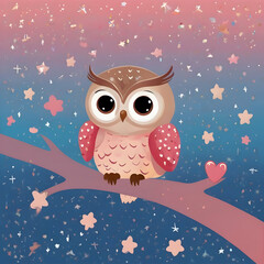 Design an enchanting image of a small owl with big eyes and a pink bow, peeking over a blue banner filled with white stars and red hearts. A soft pink gradient background, with stars and hearts scatte