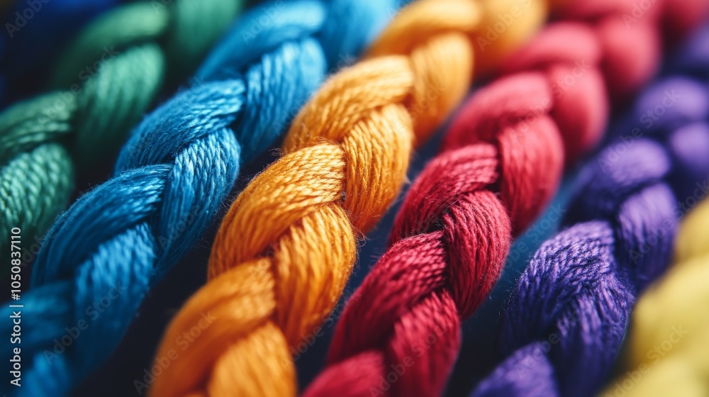Aufkleber A network of interconnected threads in various hues forming a resilient fabric, Metaphorizing the interdependence and resilience of diverse viewpoints, photography style