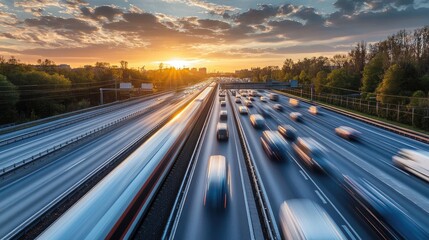 Obraz premium Sunset Over Busy Highway with Moving Traffic