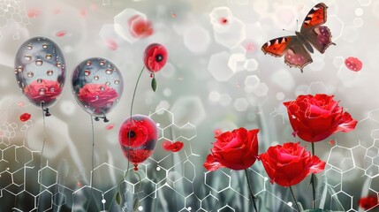Obraz premium Poppy meadow, petrol droplets, hexagonal patterns, a butterfly, three roses, and poppy acrylic balloons