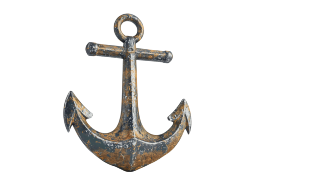 A large and heavy anchor for ships, made of pure steel, with corrosion slowly beginning to eat away at it. This marine and shipwreck anchor is depicted in a transparent style.