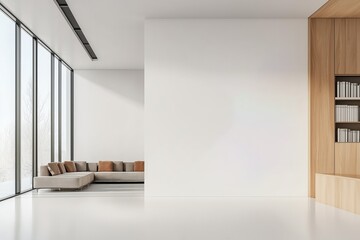 Fototapeta premium Mock-up of blank white wall in living room minimalist interior, empty space for your content