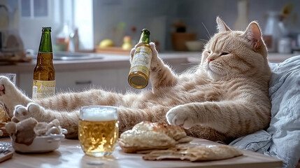 Lying cat enjoys some beer at home