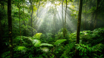 Fototapeta premium Untouched tropical forest, saturated green foliage, sun rays