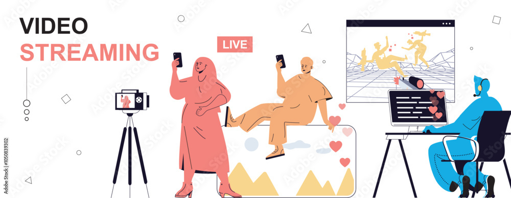 Aufkleber video streaming concept in flat cartoon design for web banner. people creating blog content, doing g