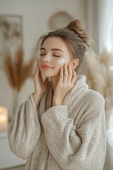 Young woman doing facial massage at home, Generative AI