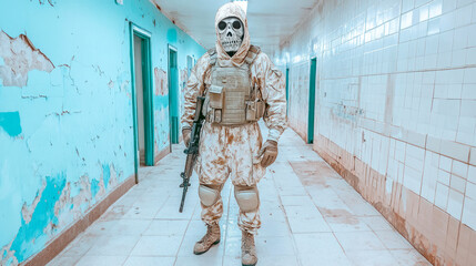 Naklejka premium Mercenary with frightening skull mask in abandoned building