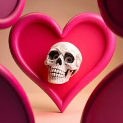 A smiling skull in the shape of a heart, with large expressive eyes and a wide, friendly grin. The skull features bright colors like red and pink, with details accentuating its shape. The background i