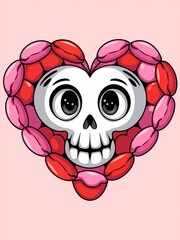 A smiling skull in the shape of a heart, with large expressive eyes and a wide, friendly grin. The skull features bright colors like red and pink, with details accentuating its shape. The background i