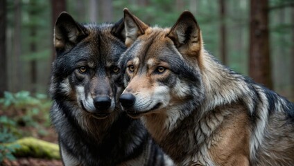 Obraz premium Black and white wolves facing each other in the forest