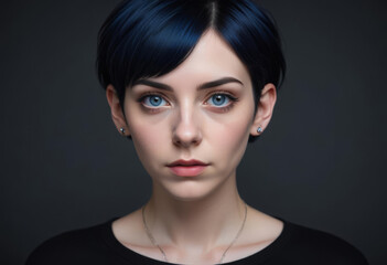 Fototapeta premium Young girl with serious expression with fashionable short haircut and blue hair color