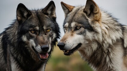 Black and white wolves facing each other in the forest