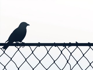 Pigeon silhouette on white background with wire mesh fence