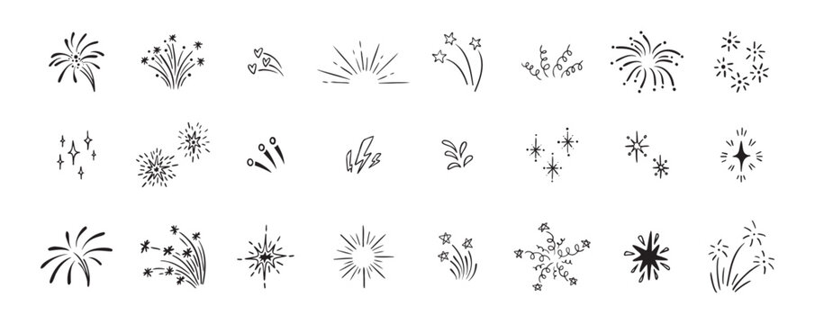 Set of cute fireworks line doodle elements. Lightning, explosion, sunburst, fireworks, bling, motion effects Party, birthday, anniversary and Christmas.