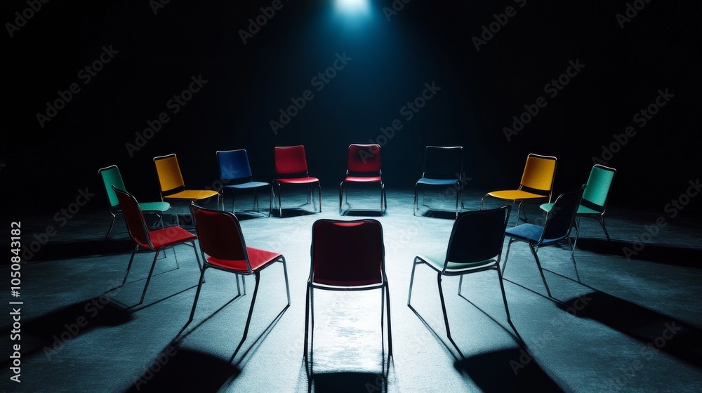 Poster a poignant depiction of equal representation, showing a single spotlight highlighting various empty 