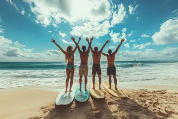 Beach fun: Surfing friends celebrating summer vacation in the sun, Generative AI