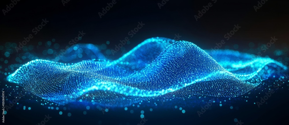 Poster an abstract wave with moving dots and lines. particle flow illustration. three-dimensional rendering