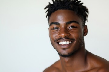 Obraz premium Young man smiling as he shows his beautiful radiant skin in a studio, Generative AI